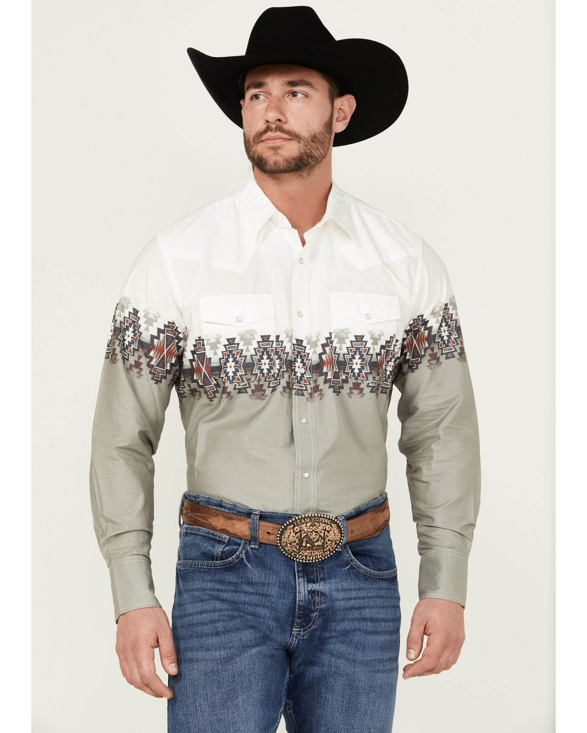 Wrangler Men's Checotah Border Print Long Sleeve Pearl Snap Western Shirt