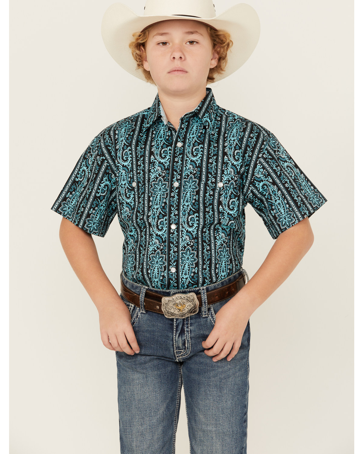 Panhandle Select Boys' Paisley Print Short Sleeve Pearl Snap Western Shirt
