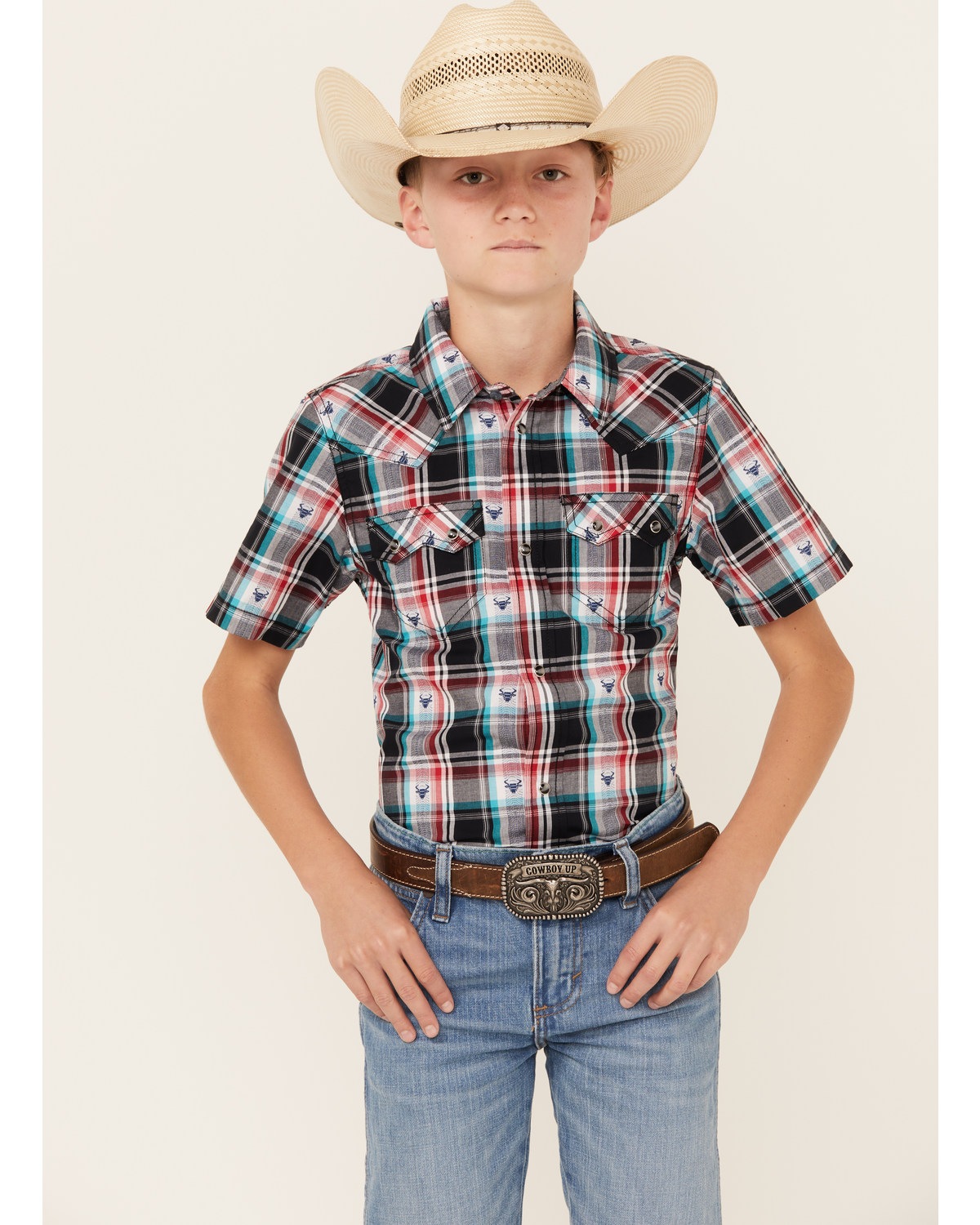 Cody James Boys' Steerhead Plaid Print Short Sleeve Snap Western Shirt