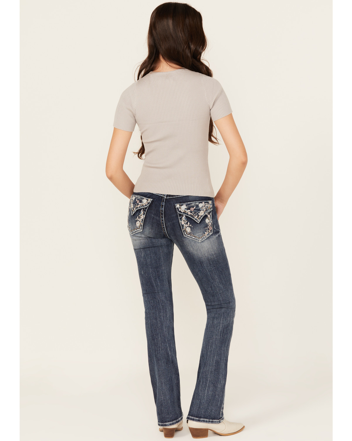 Grace LA Women's Medium Wash Floral Paisley Embroidered Mid Rise Bootcut Stretch Denim Jeans