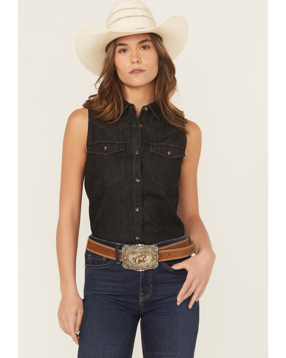 Shyanne Women's Chambray Sleeveless Button-Down Western Shirt