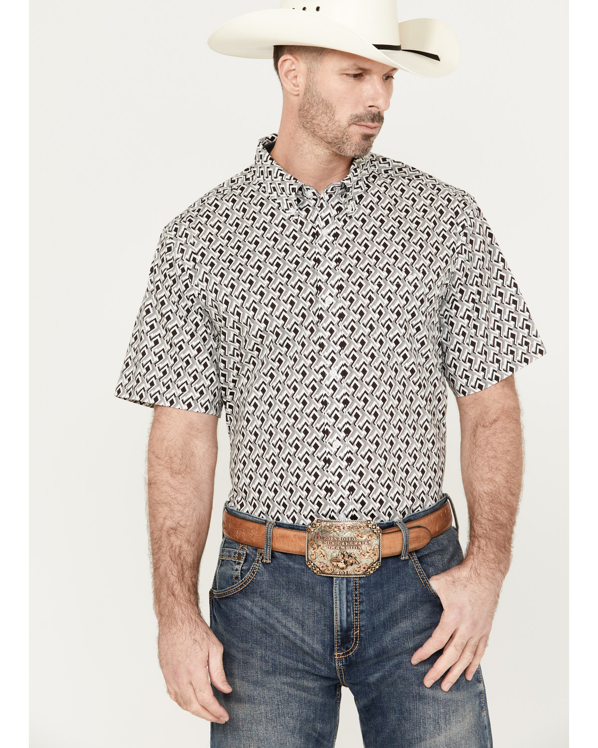RANK 45® Men's West Trellis Geo Print Short Sleeve Button-Down Shirt