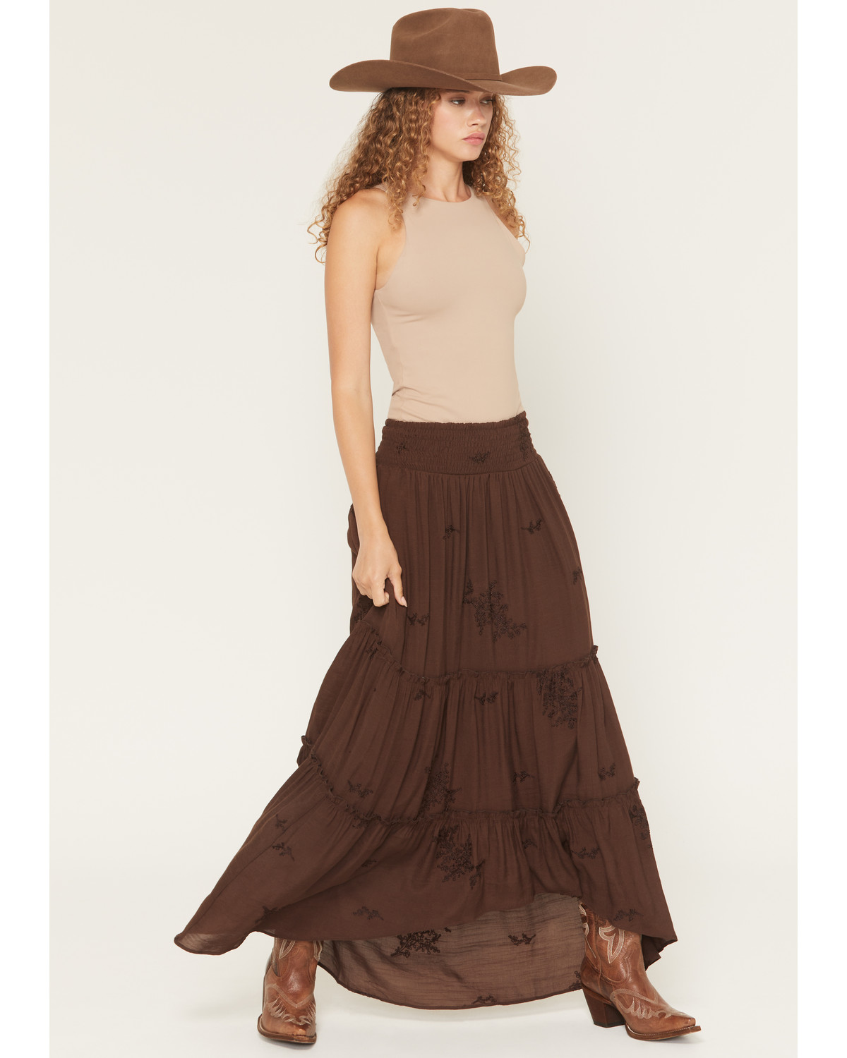 Wild Moss Women's Embroidered Ruffle Midi Skirt