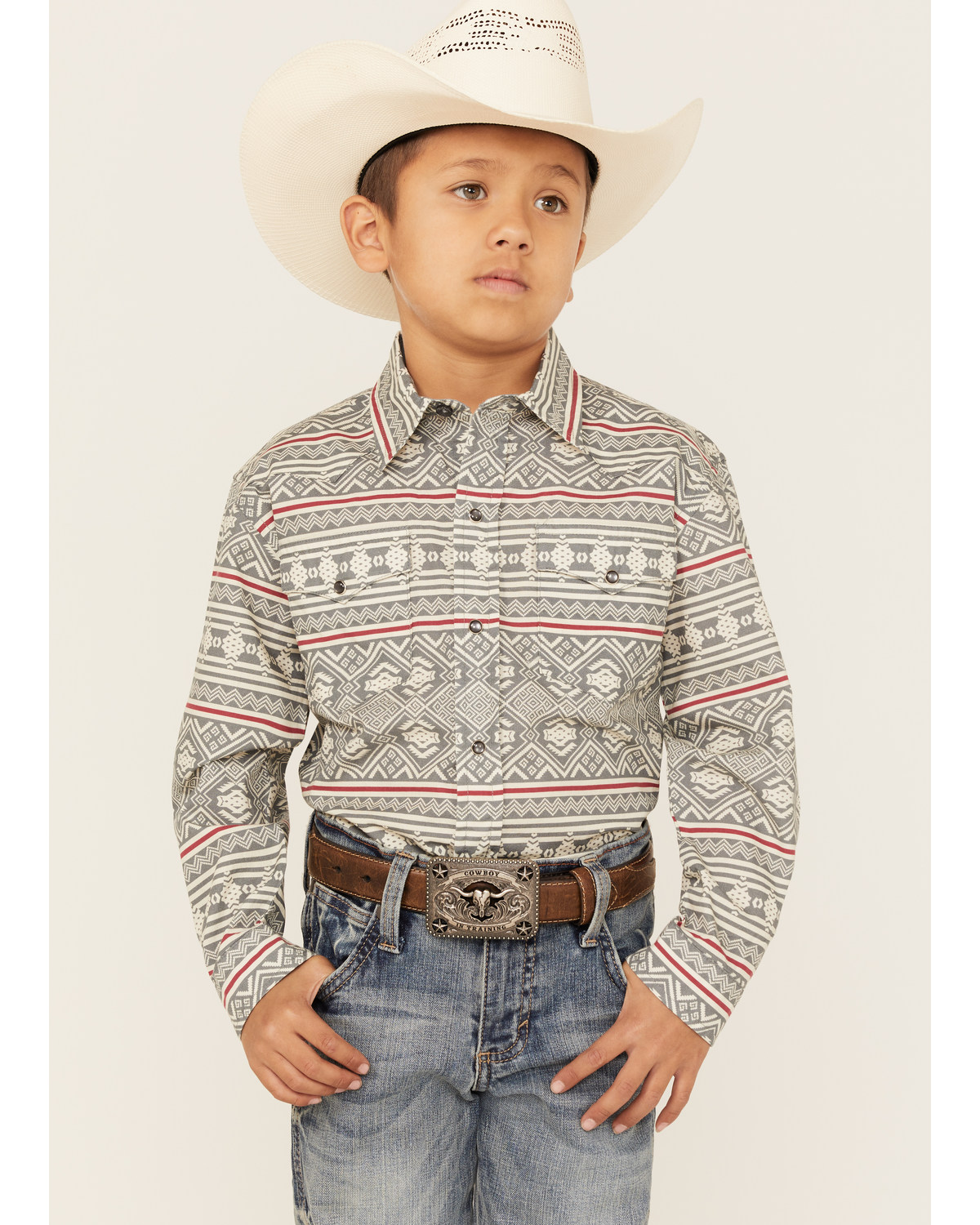 Roper Boys' Southwestern Stripe Print Long Sleeve Snap Western Shirt