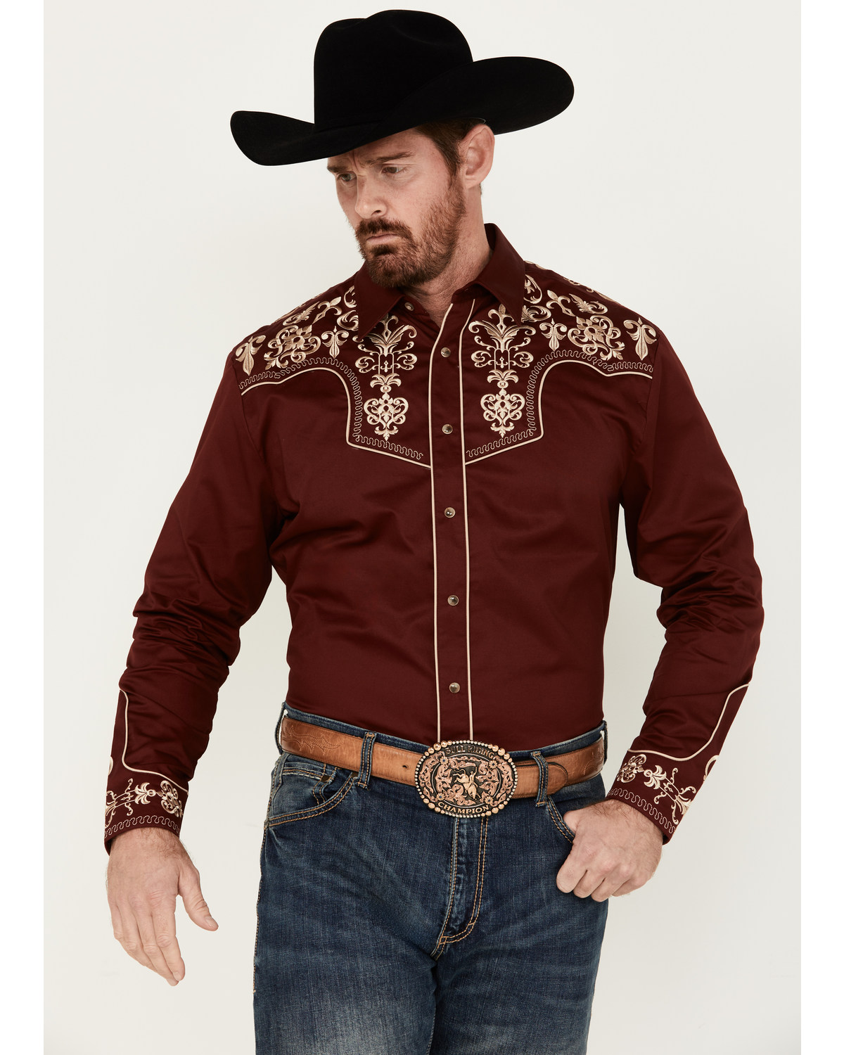 Rodeo Clothing Men's Embroidered Yoke Long Sleeve Pearl Snap Western Shirt