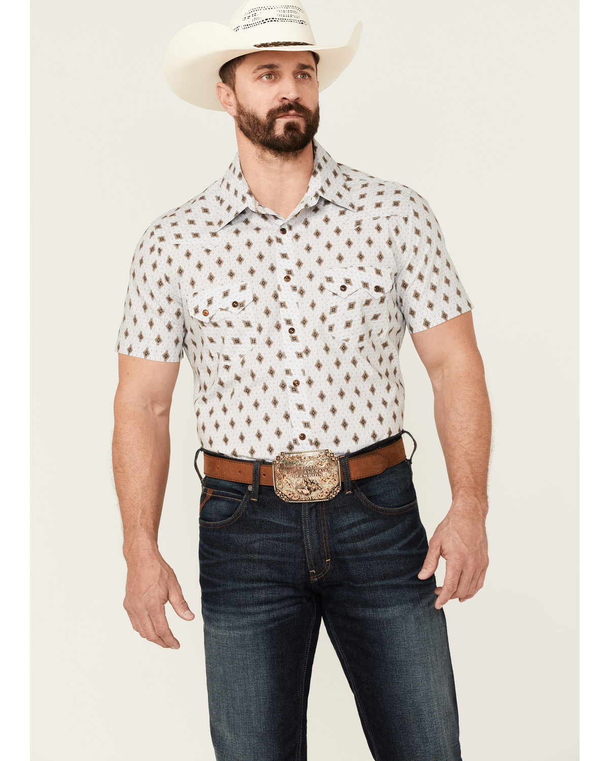 Dale Brisby Men's Taupe Southwestern Geo Print Short Sleeve Snap Western Shirt