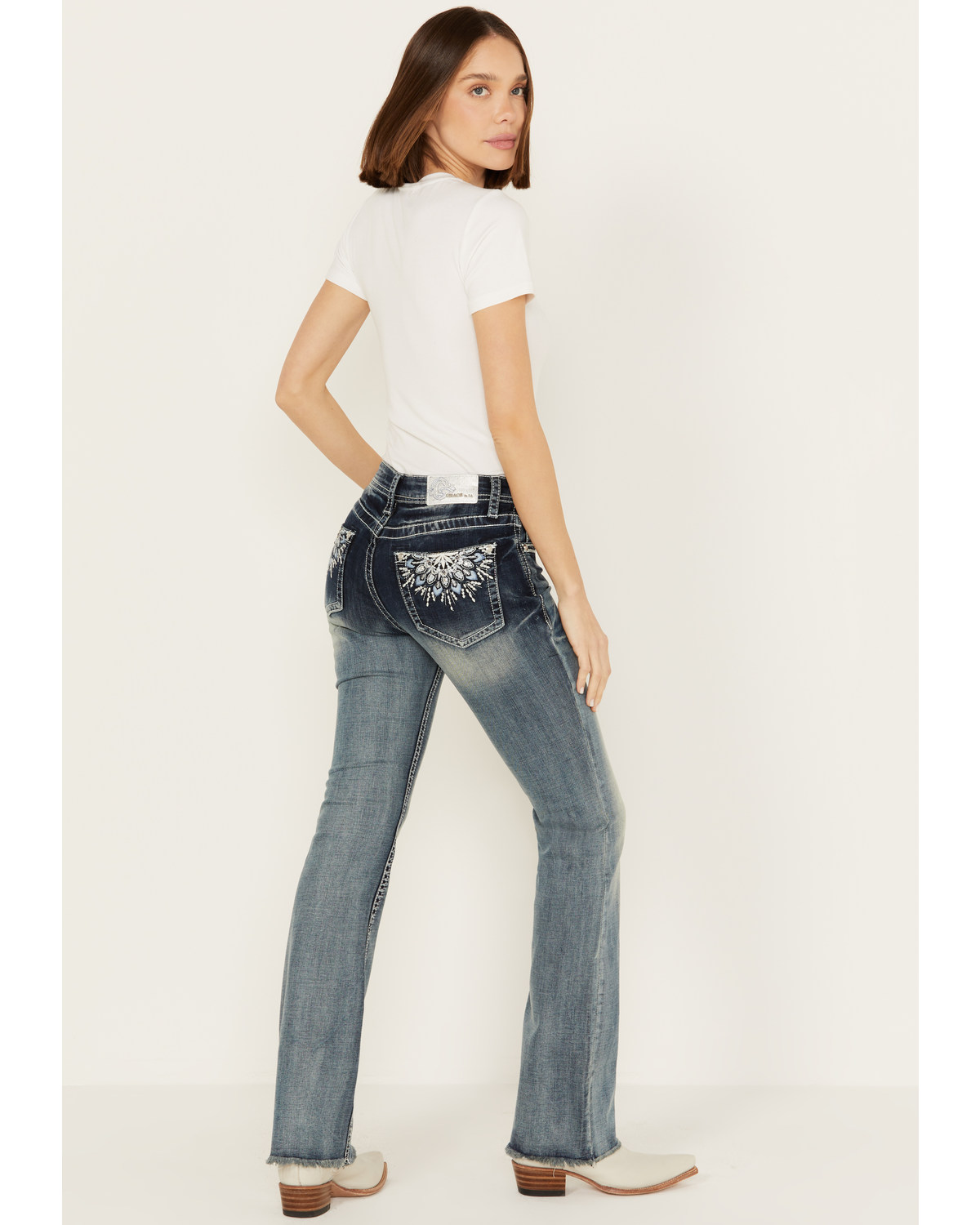 Grace LA Women's Mid Rise Sequins Embroidered Pocket Bootcut Jeans