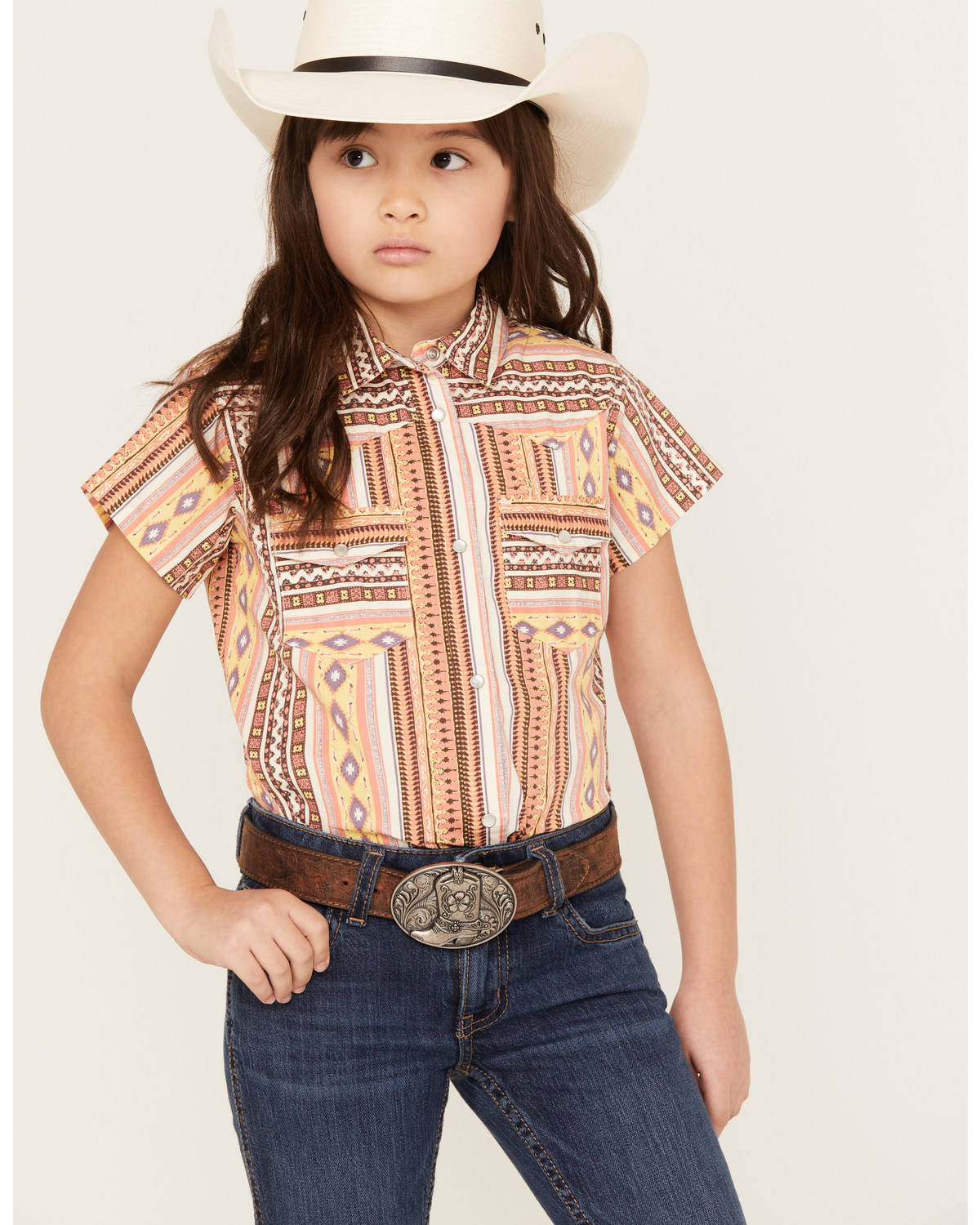 Shyanne Girls' Short Sleeve Southwestern Print Pearl Snap Shirt