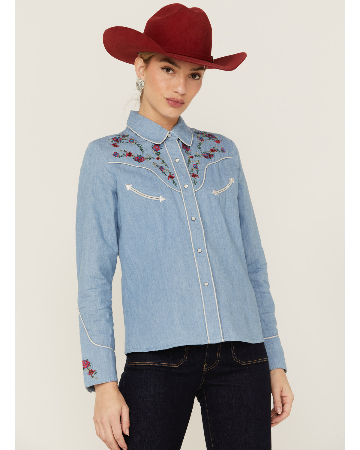 Scully Women's Chambray Floral Embroidered Yoke Pearl Snap Western Shirt