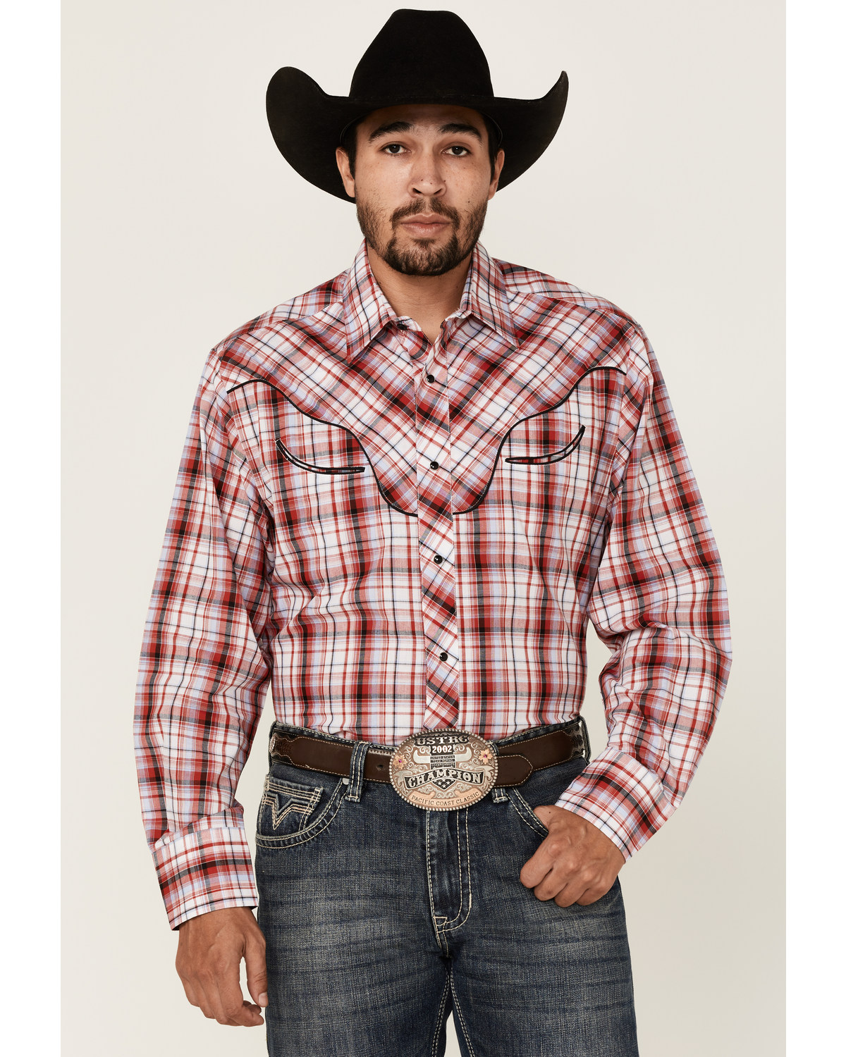 Roper Men's Plaid Print Embroidered Applique Long Sleeve Snap Western Shirt