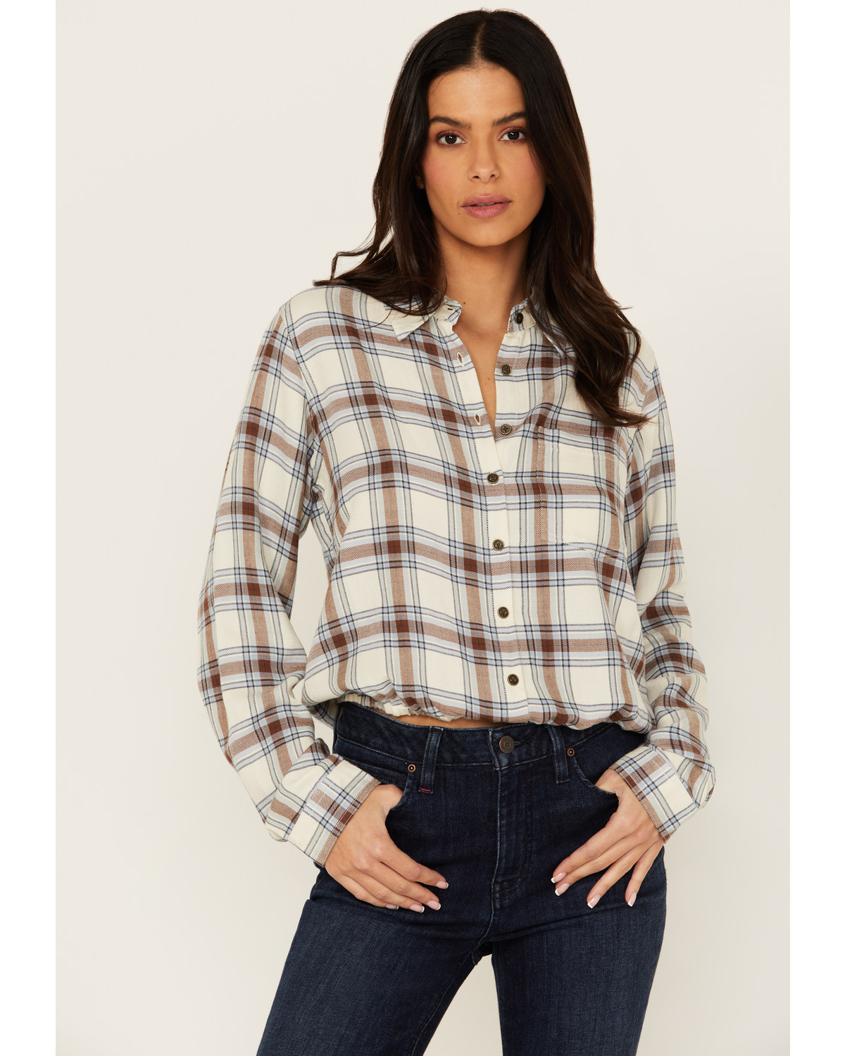 Cleo + Wolf Women's Amy Plaid Print Button-Up Cropped Long Sleeve Flannel Shirt
