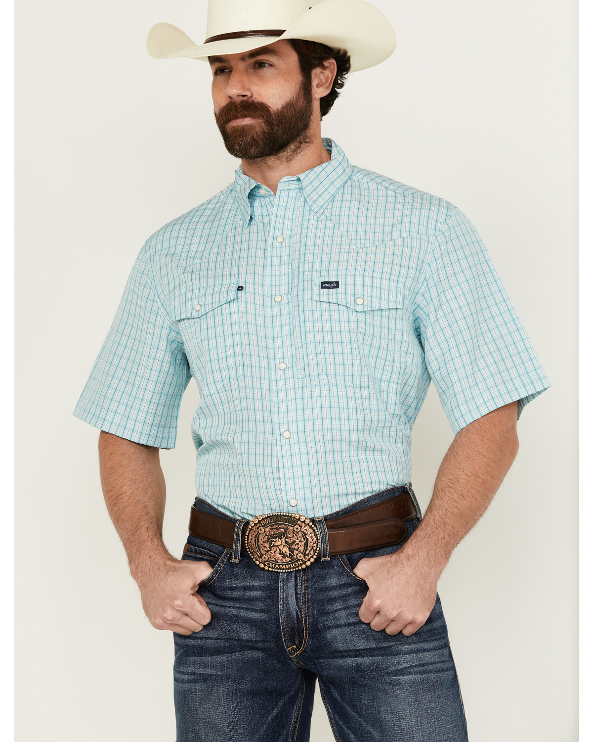 Wrangler Men's Plaid Print Short Sleeve Snap Performance Western Shirt