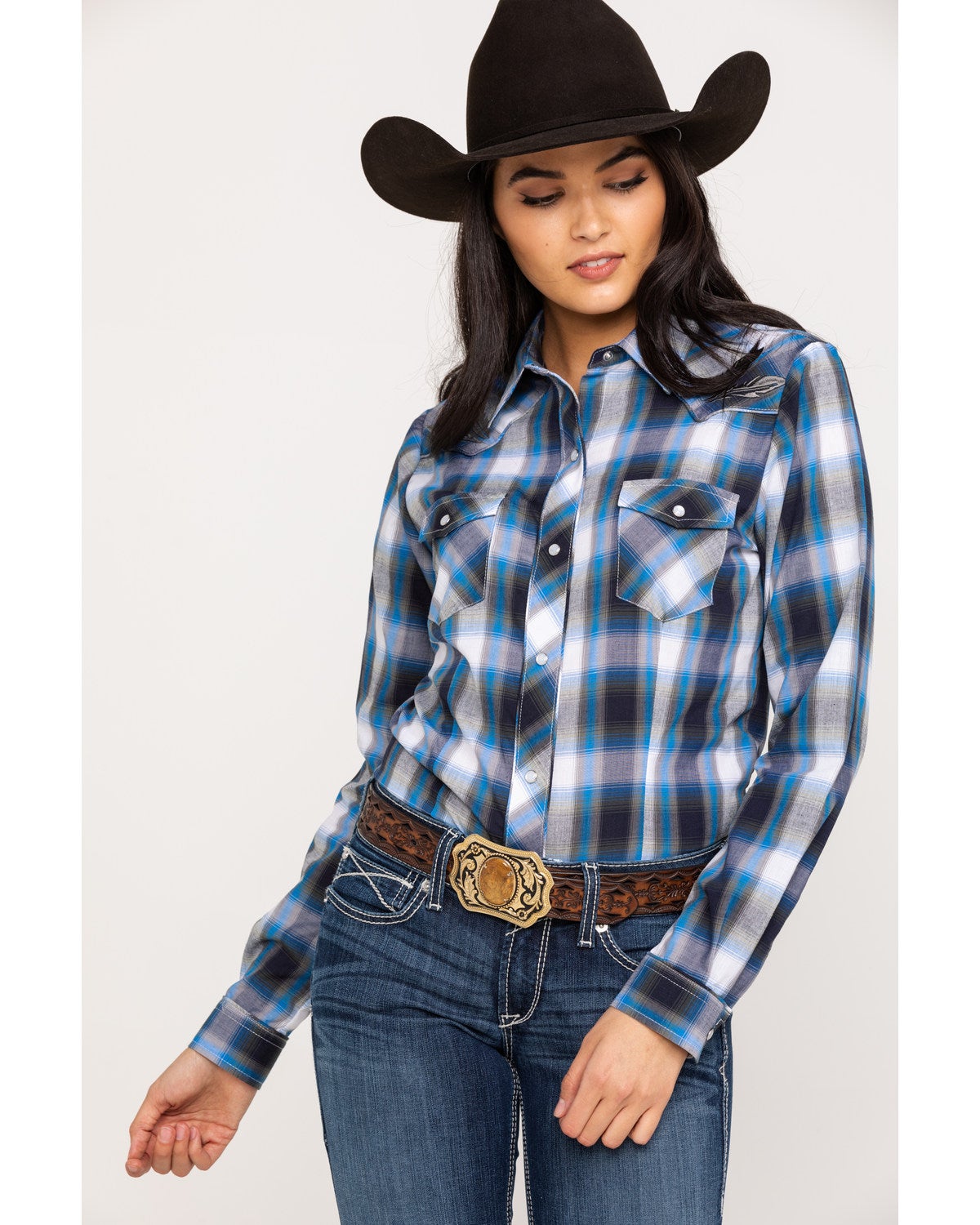Roper Women's Blue Plaid Feather 