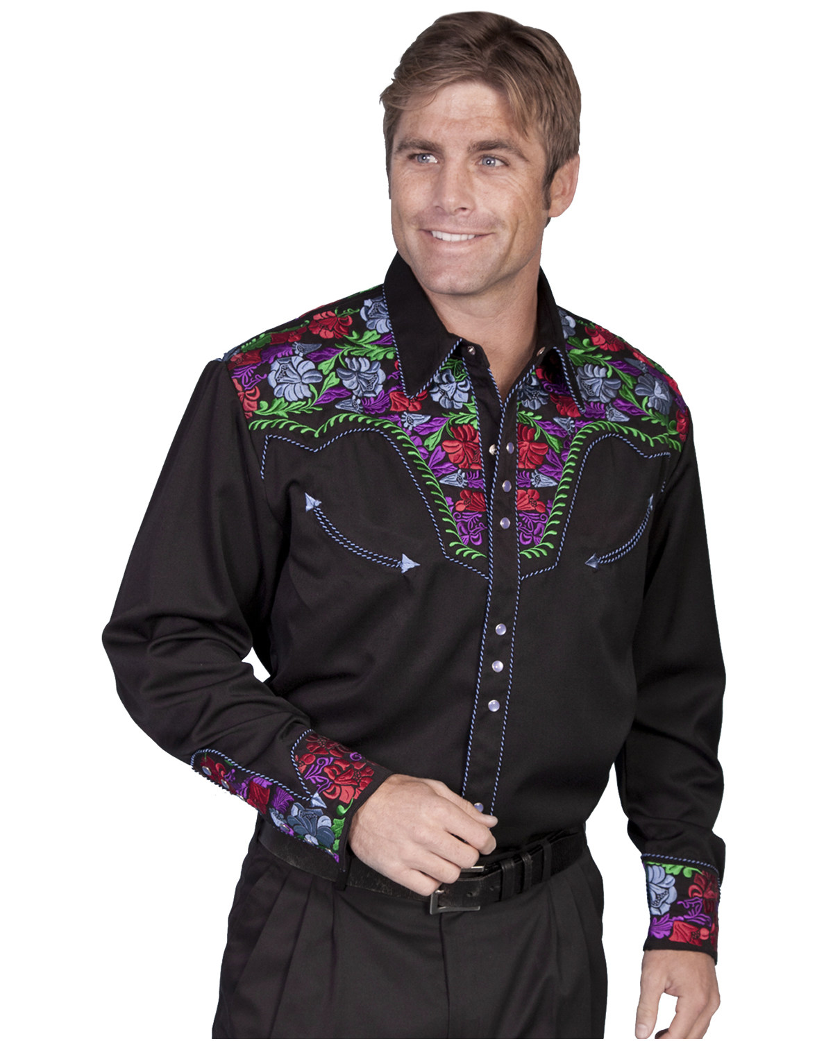 Scully Men's Vibrant Floral Embroidered Retro Long Sleeve Western Shirt