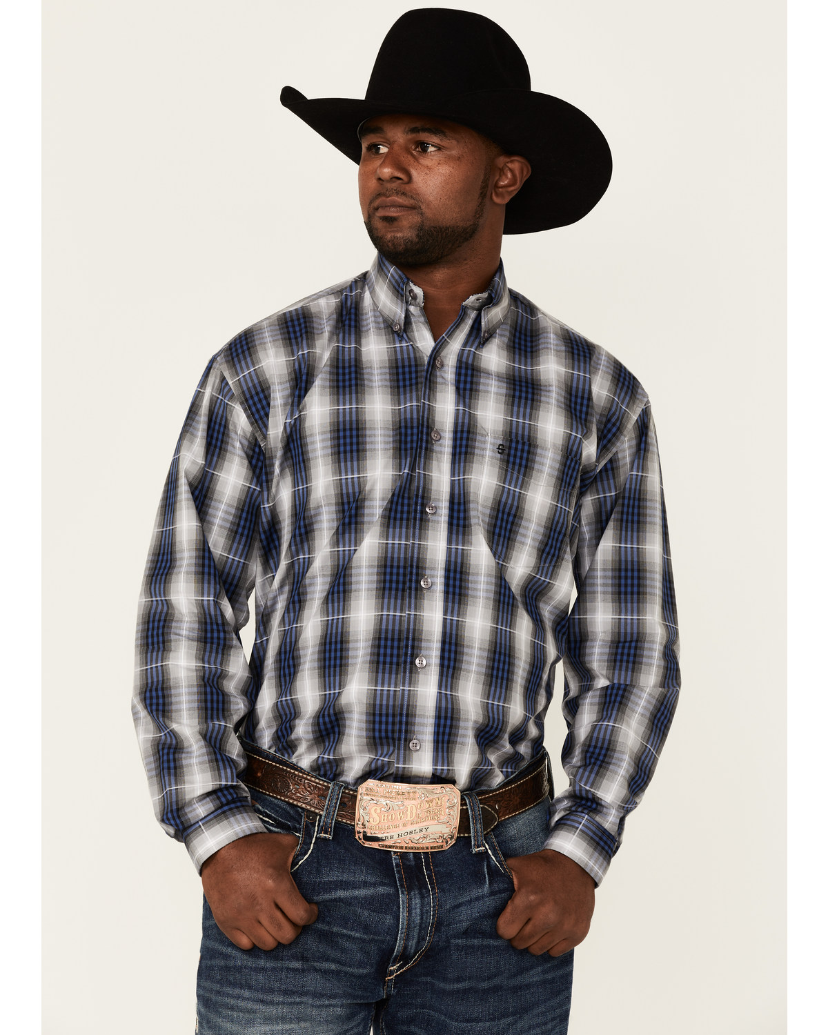 Stetson Men's Checkered Ombre Plaid Print Long Sleeve Button Down Western Shirt