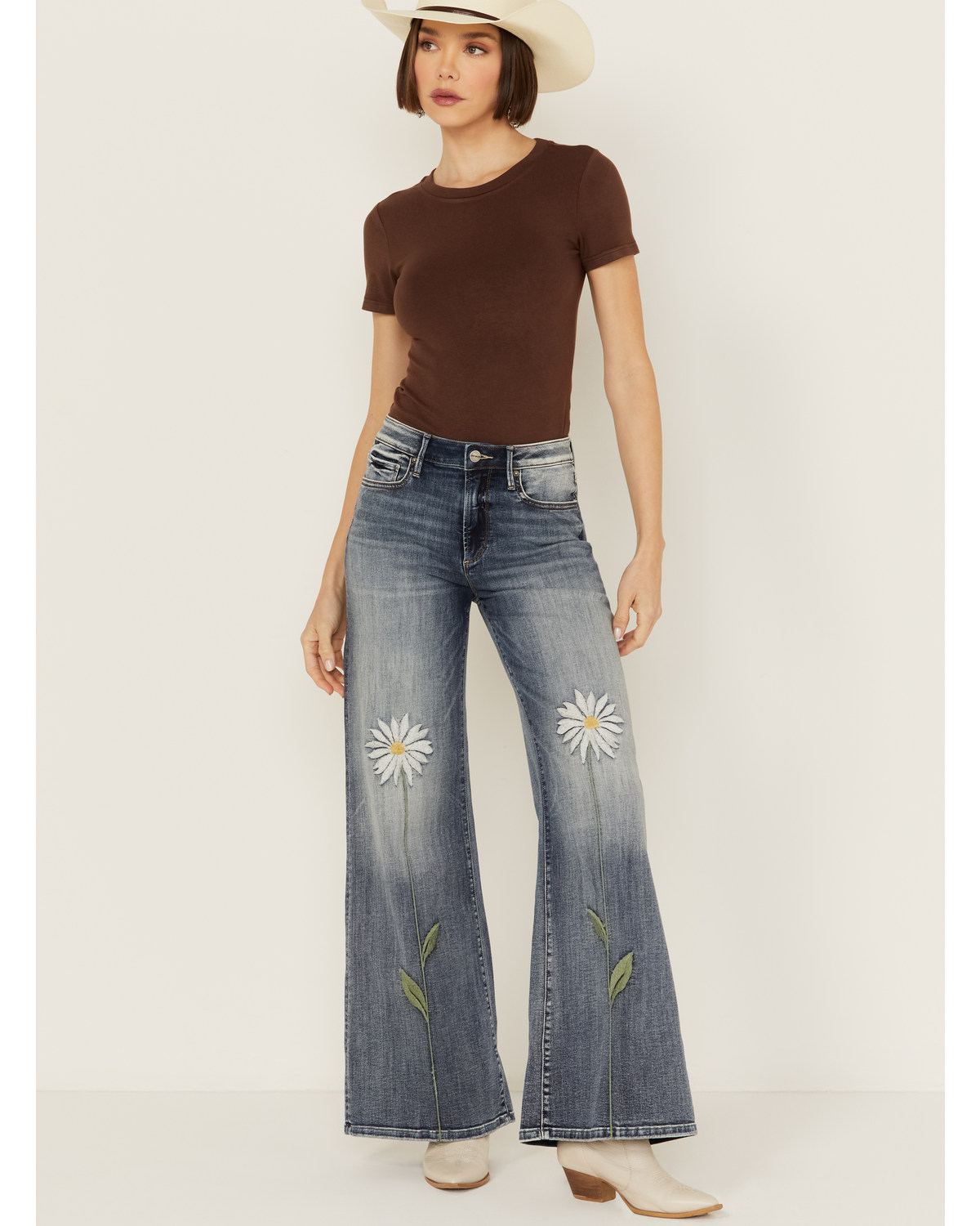Driftwood Women's Penelope X Daisy Fields Medium Wash High Rise Destructed Flare Stretch Denim Jeans