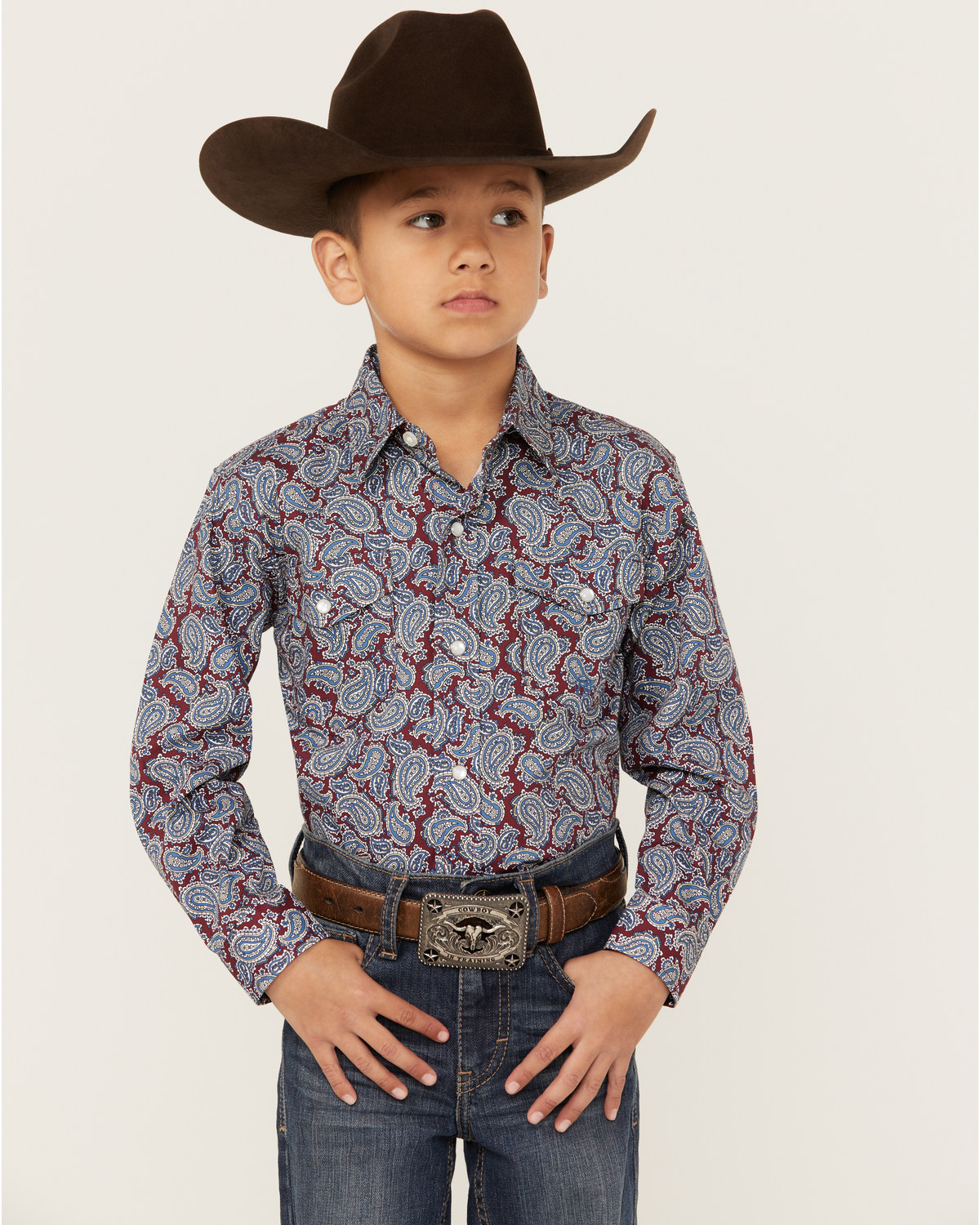 Roper Boys' Amarillo Paisley Print Long Sleeve Western Pearl Snap Shirt