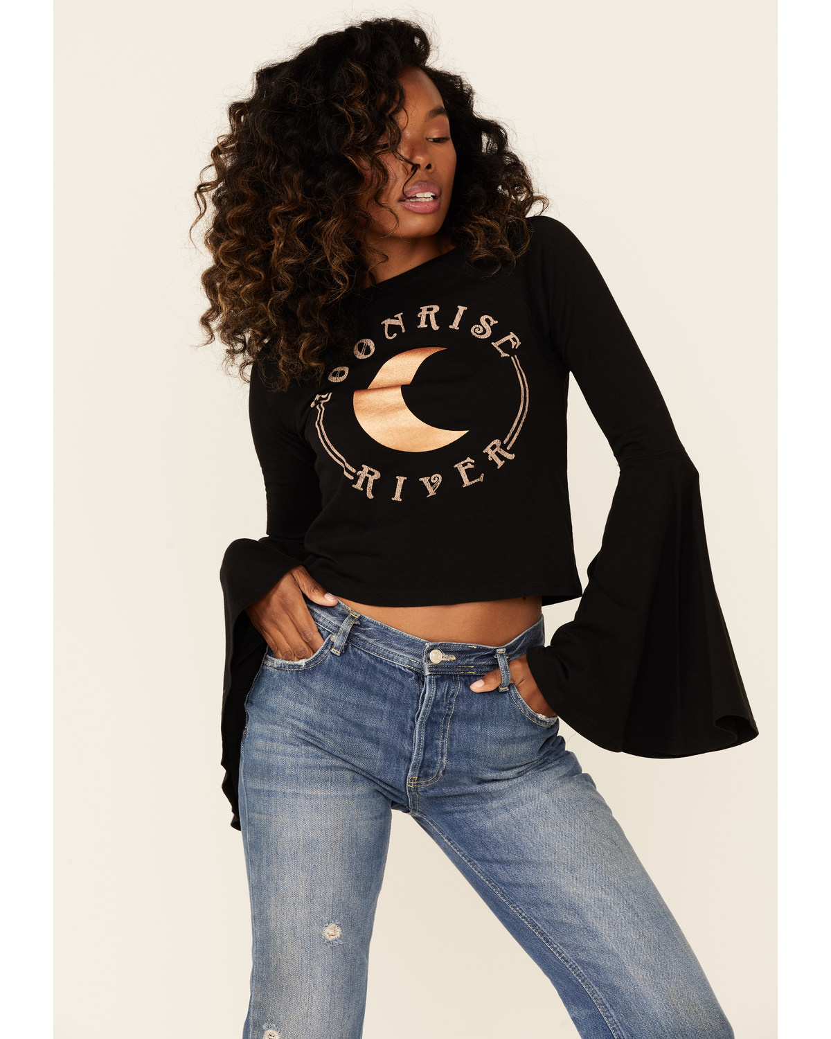 Shyanne Women's Moonrise River Graphic Long Bell Sleeve Top