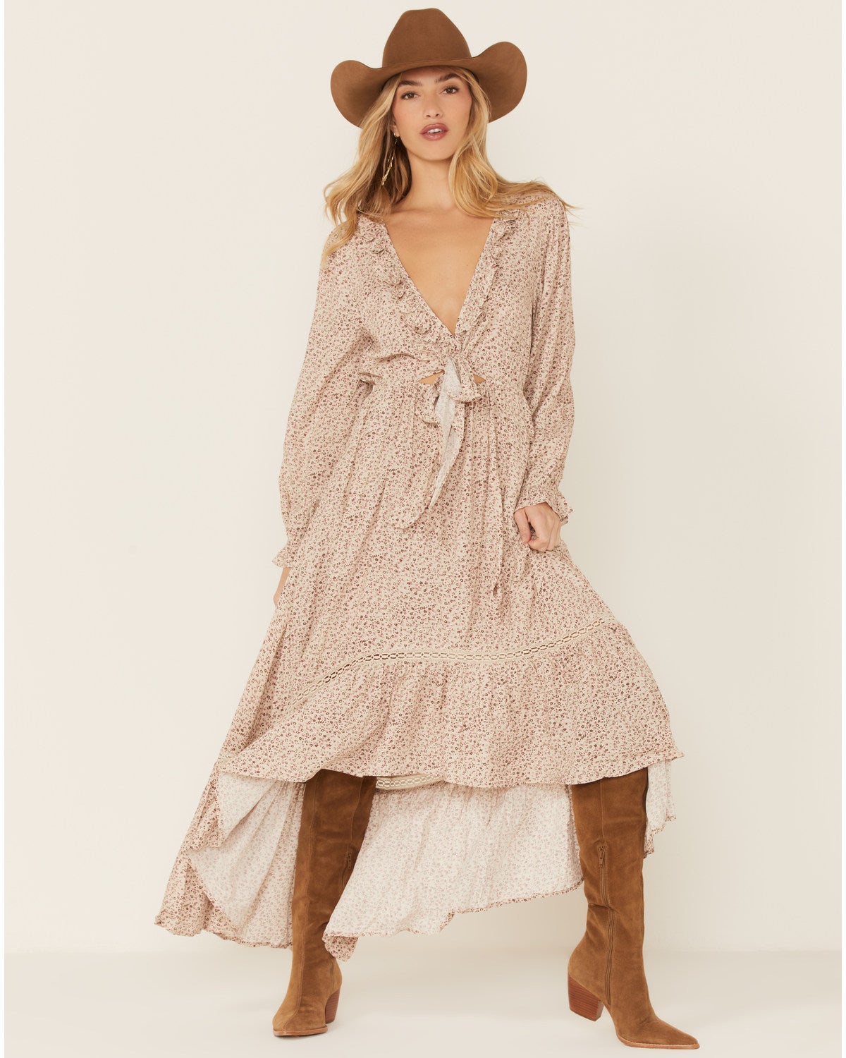 Women's Beyond The Radar Ivory Ditsy Long Sleeve Picnic Maxi Dress