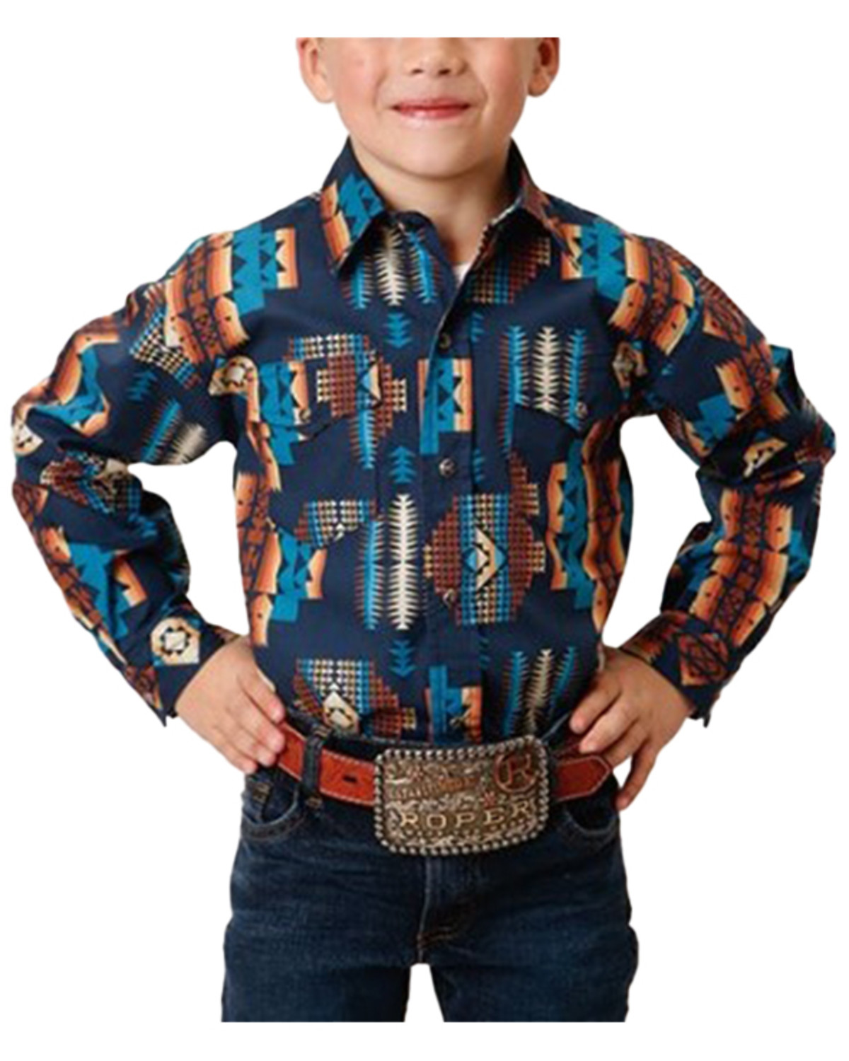 Roper Boys' Vintage Style Vertical Southwestern Print Long Sleeve Snap Western Shirt