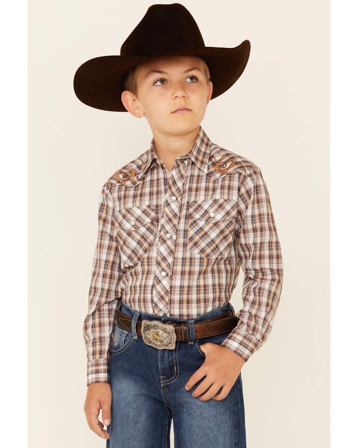 Roper Boys' Plaid Long Sleeve Pearl Snap Western Shirt