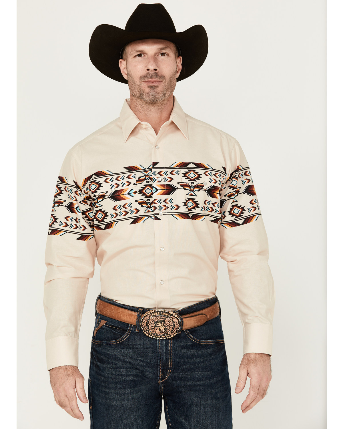 Panhandle Men's Southwestern Print Border Long Sleeve Pearl Snap Western Shirt