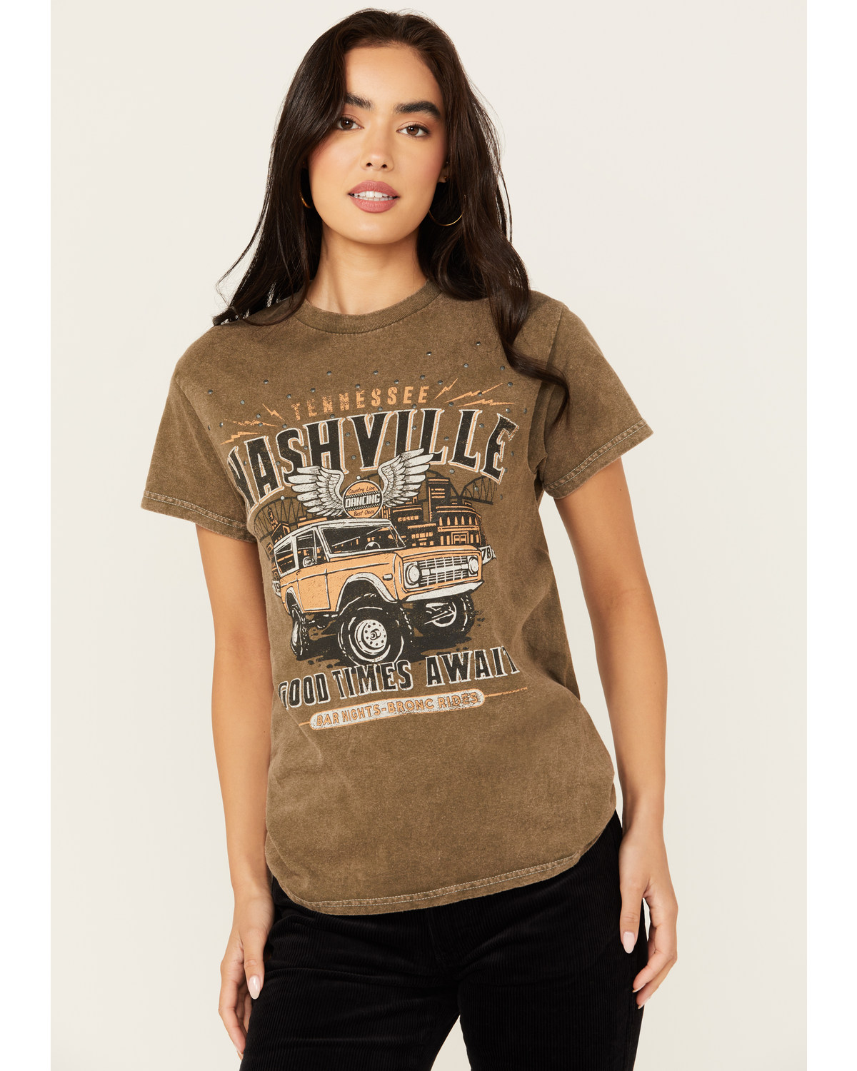 Youth Revolt Women's Nashville Embellished Car Short Sleeve Graphic Tee