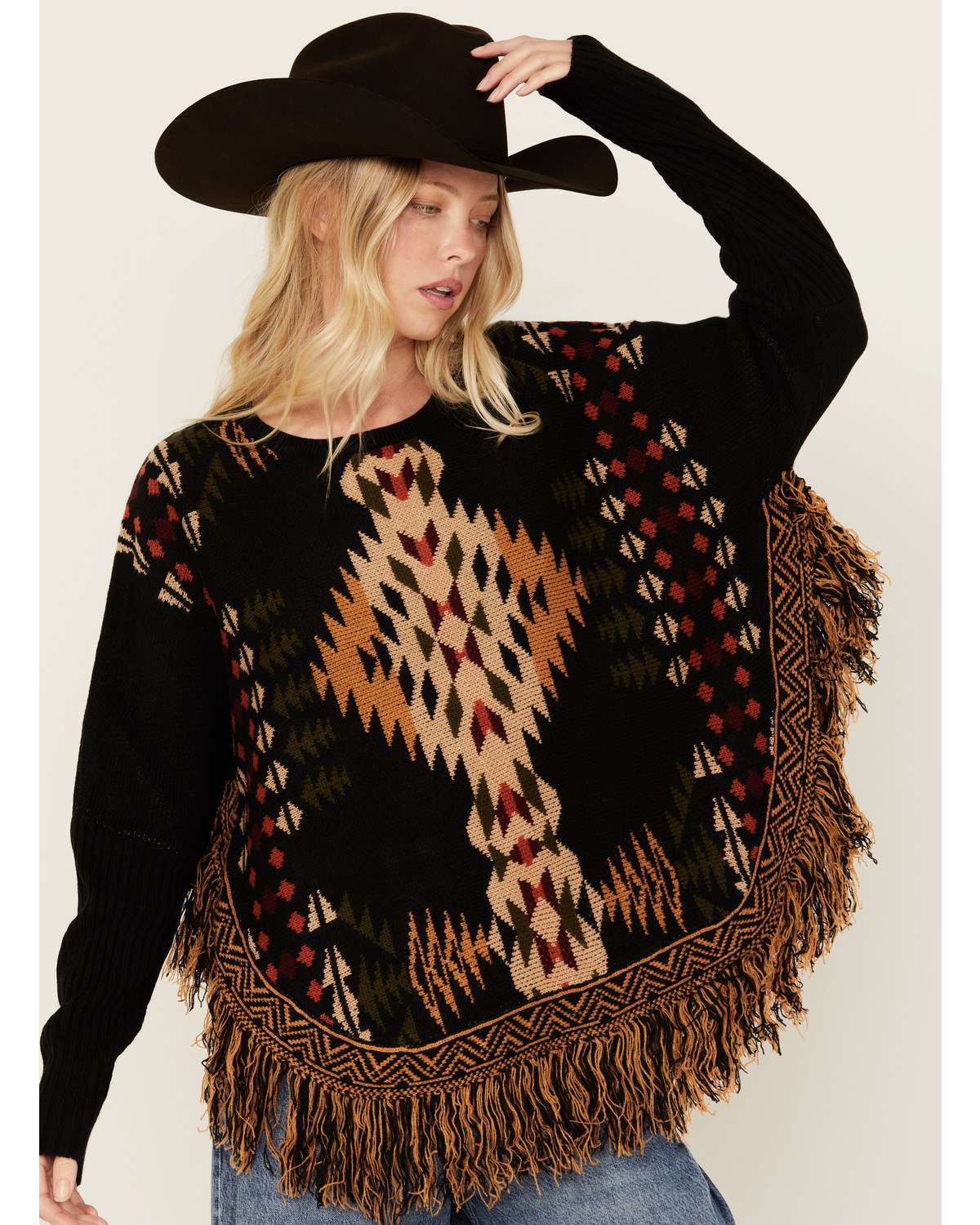 Cotton & Rye Women's Southwestern Fringe Pancho Sweater