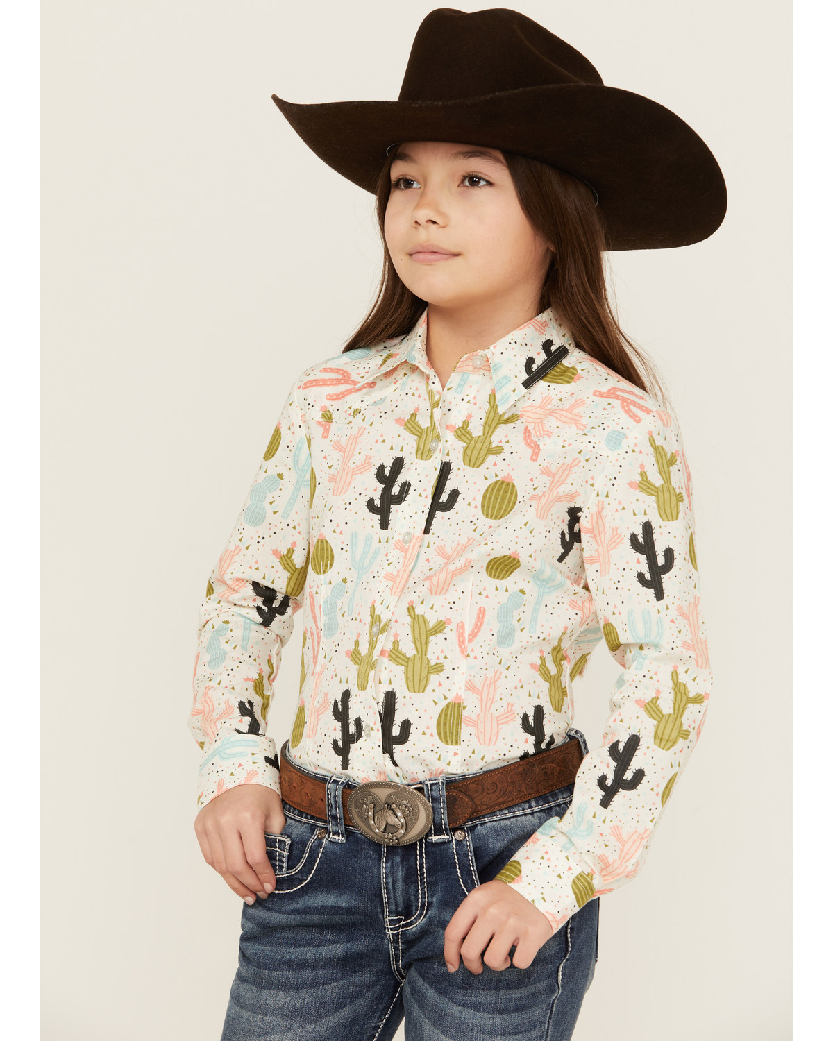 Cruel Girl Girls' Western Cactus Print Long Sleeve Button Down Shirt