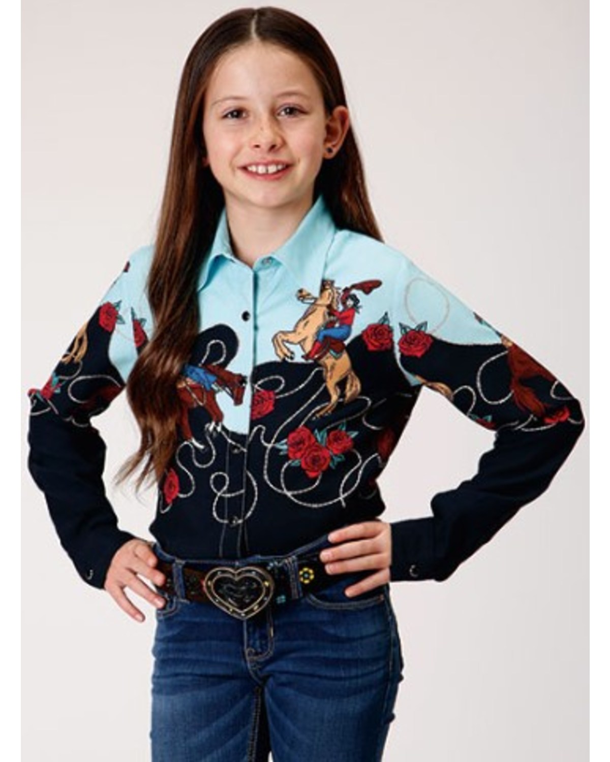 Roper Girls' Cowgirl Border Print Rayon Long Sleeve Western Blouse