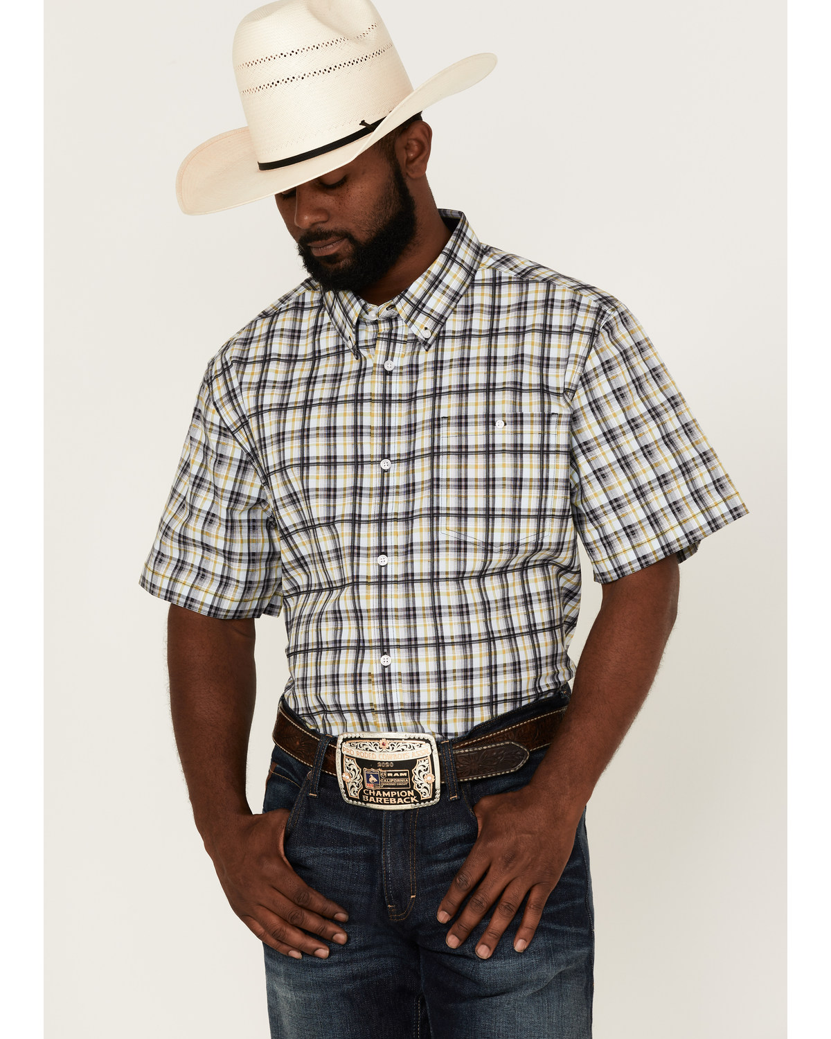 RANK 45® Men's Sponsor Plaid Print Short Sleeve Button-Down Western Shirt