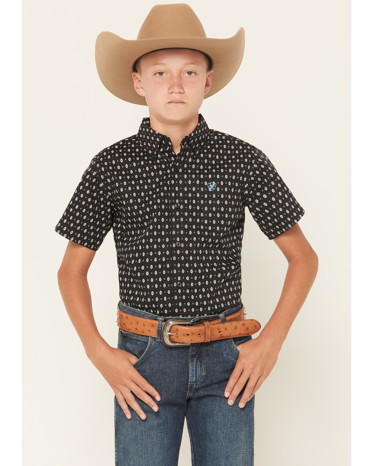 Ariat Boys' Southwestern Geo Print Short Sleeve Button-Down Western Shirt