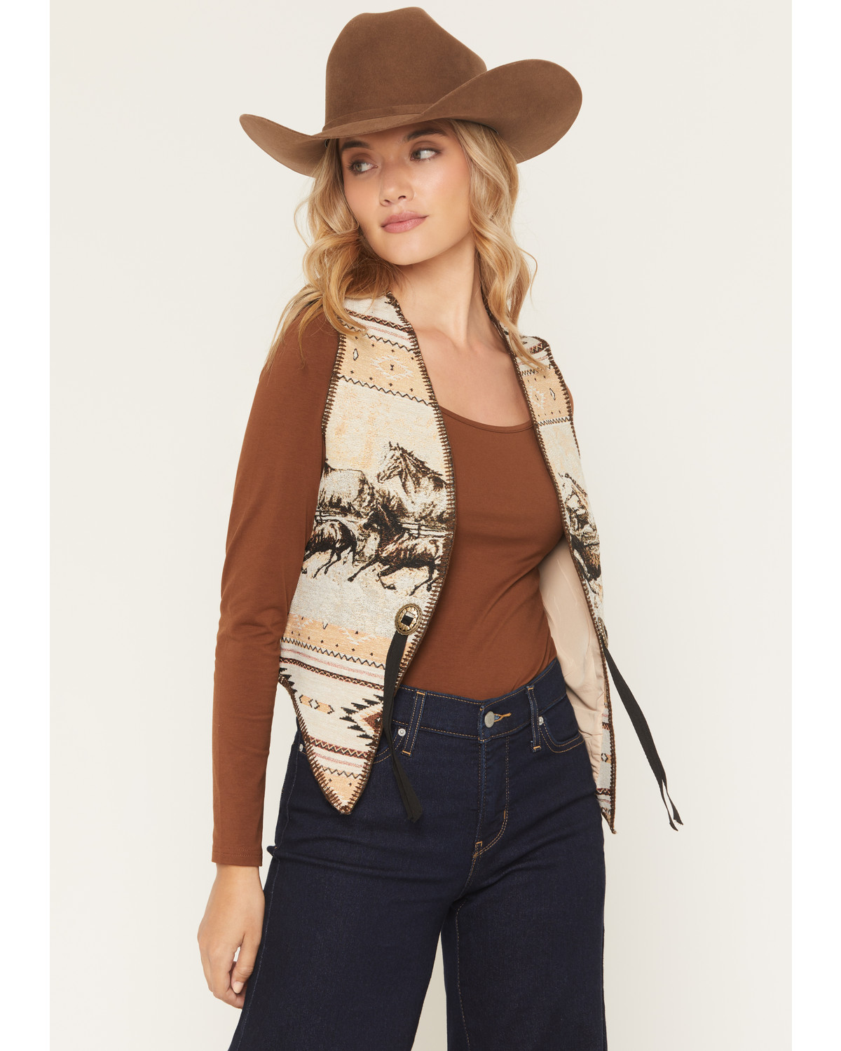 Fornia Women's Border Print Whip Stitch Tapestry Vest