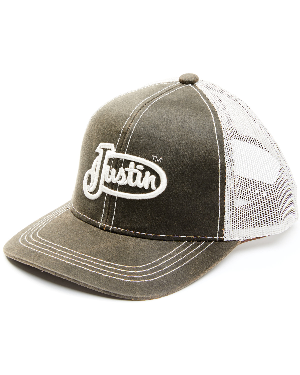 Justin Men's Brown Oilskin Embroidered Logo Mesh-Back Ball Cap