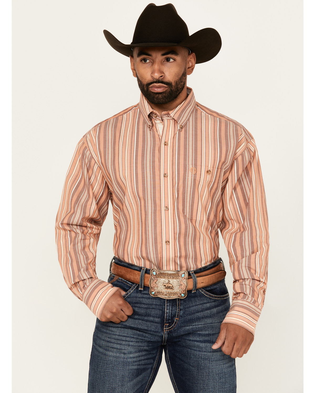 George Strait by Wrangler Men's Striped Long Sleeve Button-Down Stretch Western Shirt