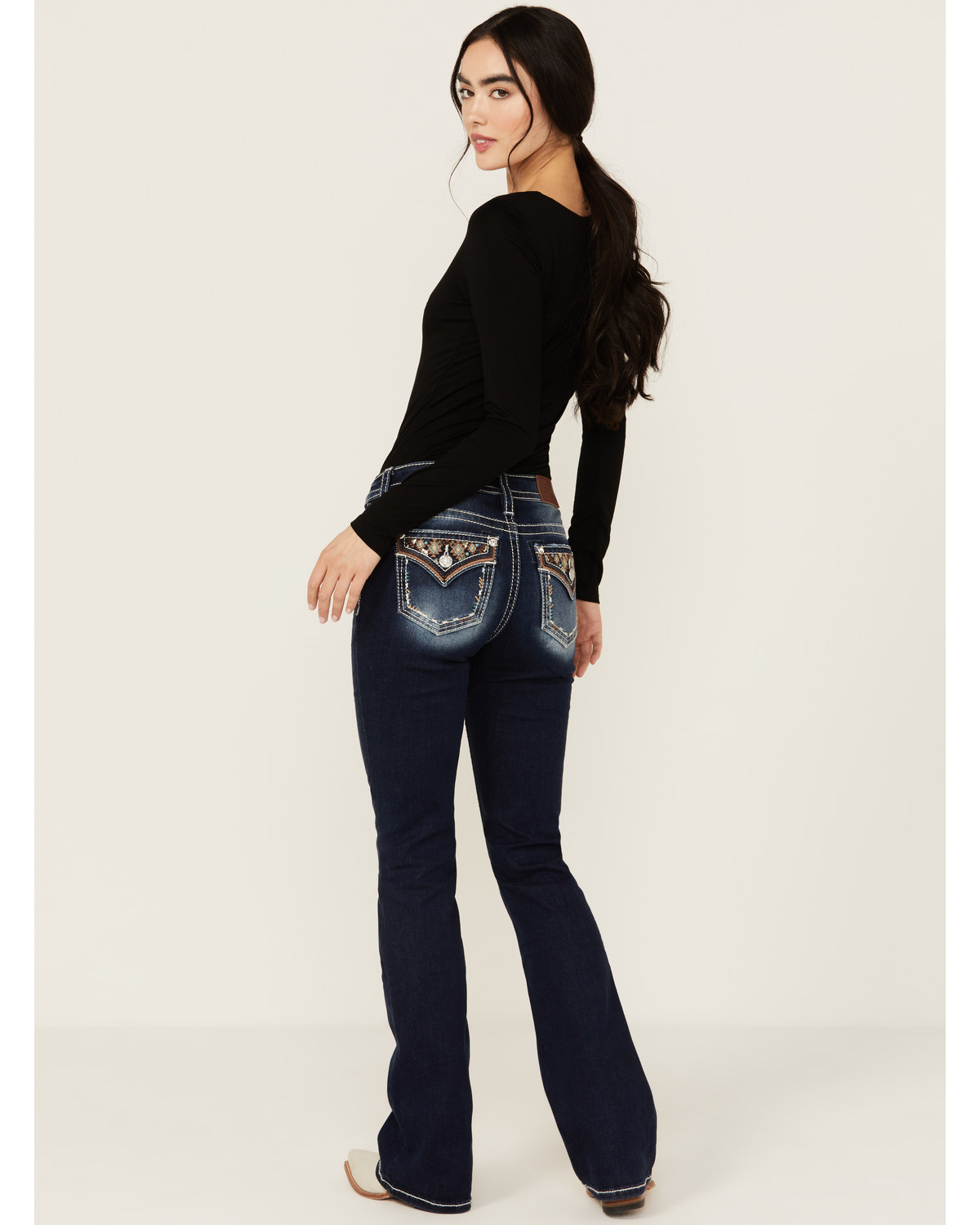 Miss Me Women's Dark Wash Geo Print Faux Flap Pocket Mid Rise Bootcut Denim Stretch Jeans