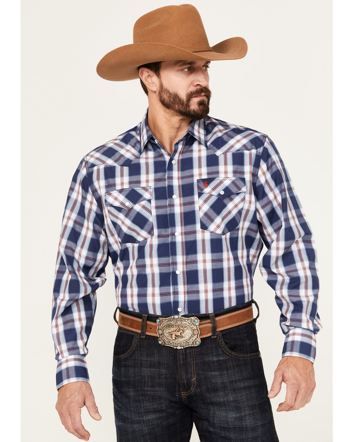 Rodeo Clothing Men's Plaid Print Long Sleeve Pearl Snap Western Shirt