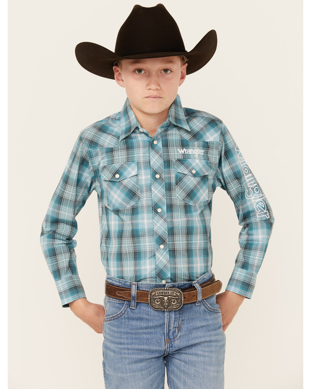 Wrangler Boys' Plaid Print Logo Long Sleeve Snap Western Shirt