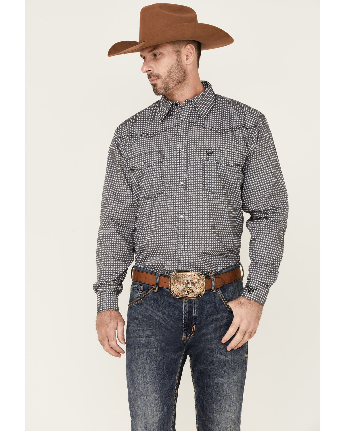 Cowboy Hardware Men's Wavy Square Geo Print Long Sleeve Pearl Snap Western Shirt