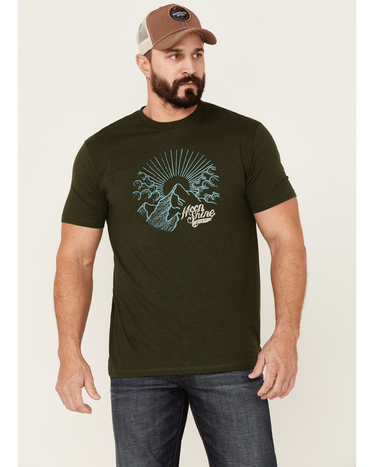Moonshine Spirit Men's Sun Mountain Graphic Short Sleeve Moss Green T-Shirt