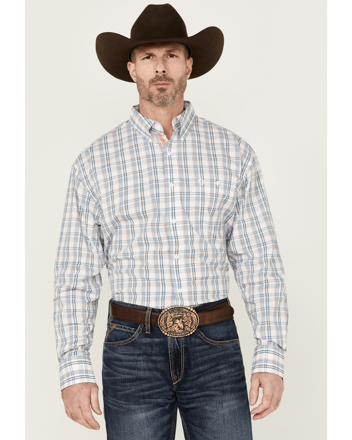 George Strait By Wrangler Men's Plaid Print Long Sleeve Button-Down Stretch Shirt