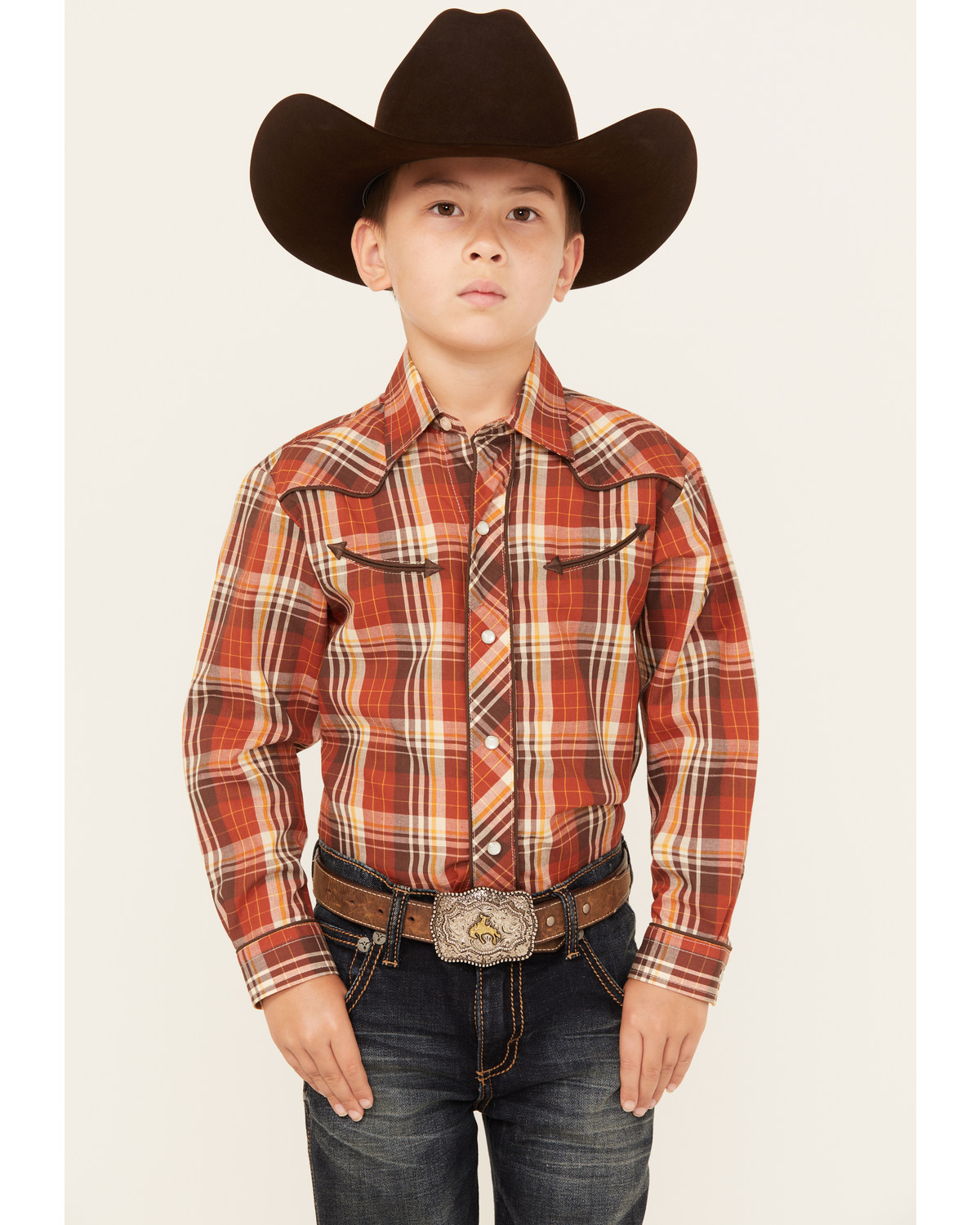 Roper Boys' Plaid Print Cowboy Embroidery Long Sleeve Pearl Snap Western Shirt