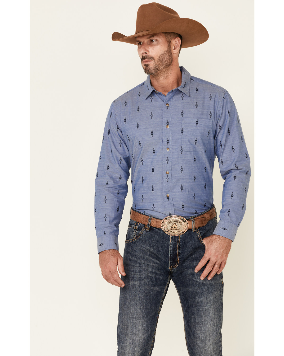 Pendleton Men's Indigo Chambray Allover Dobby Print Long Sleeve Button Down Western Shirt
