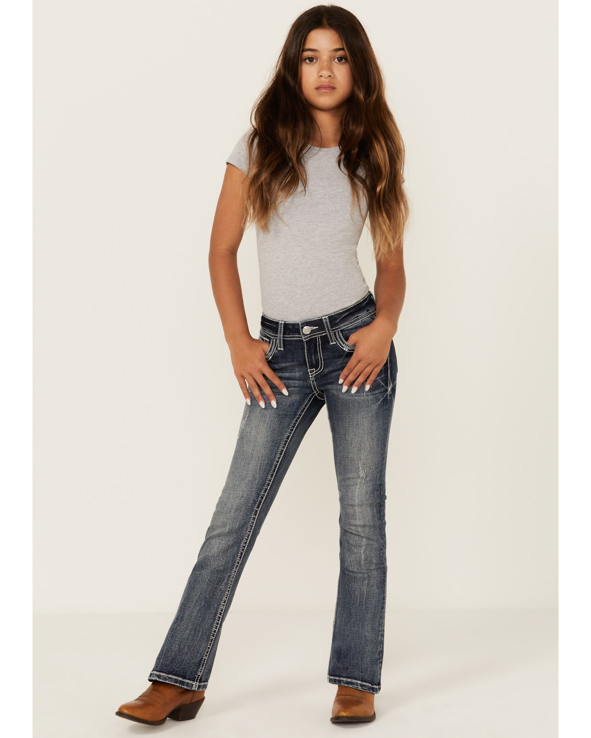 Grace LA Girls' Medium Wash Thunderbird Pocket Bootcut Stretch Denim Jeans
