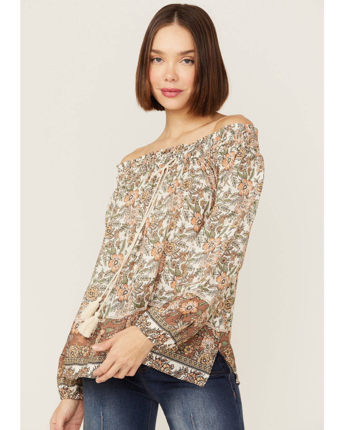 Wild Moss Women's Cream Floral Border Print Off Shoulder Woven Top