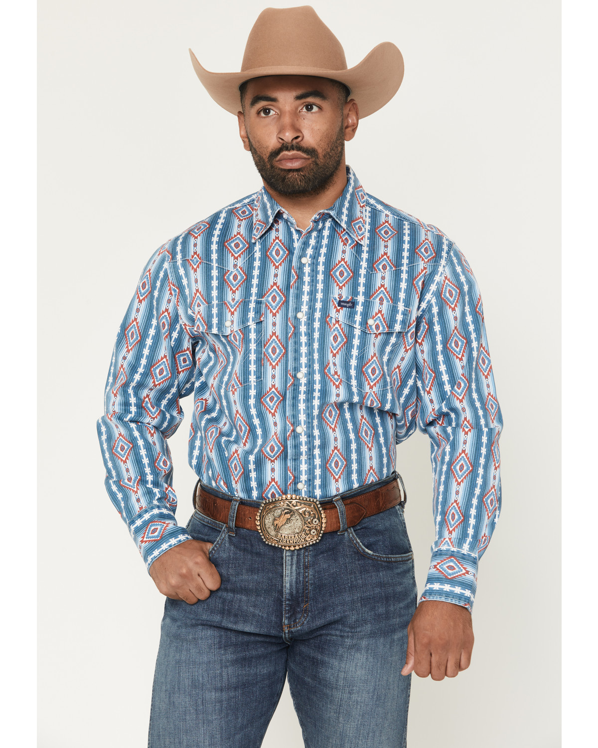 Wrangler Men's Vintage Brushpopper Americana Striped Print Long Sleeve Snap Western Shirt