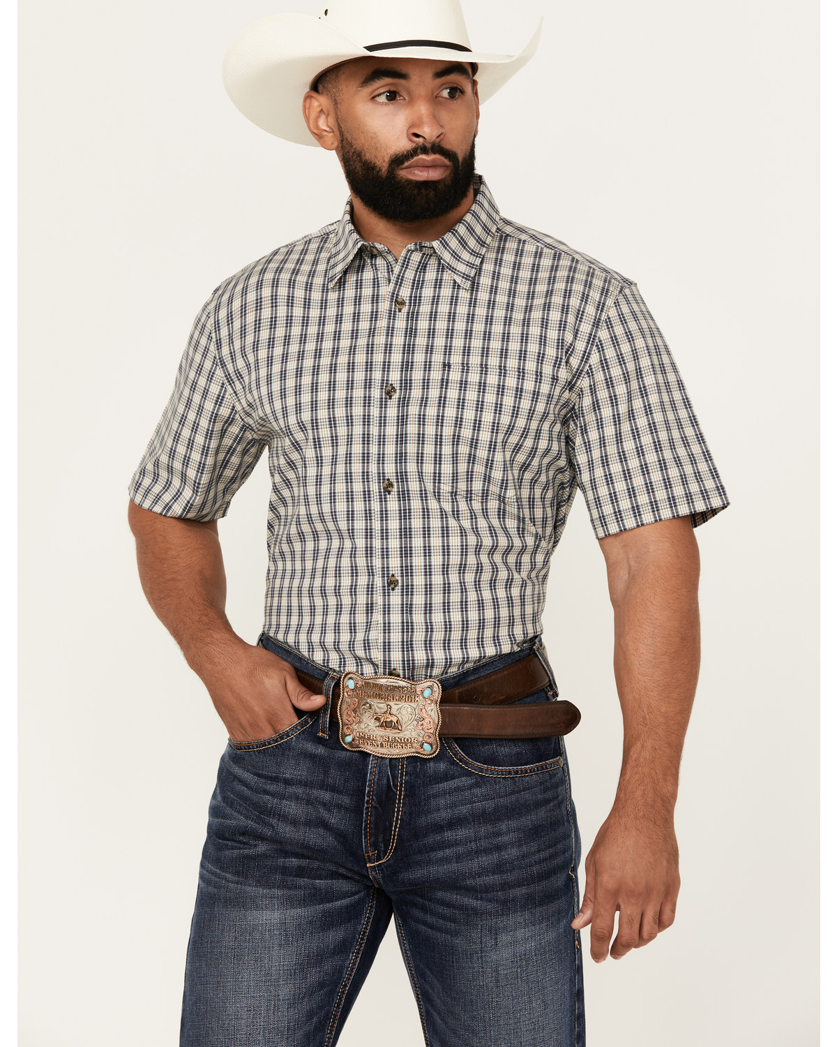 Cody James Men's Plaid Print Short Sleeve Button-Down Stretch Western Shirt