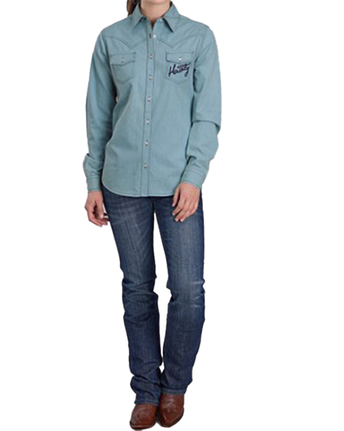 Roper Women's Light Wash Long Sleeve Fringe Button-Down Denim Shirt