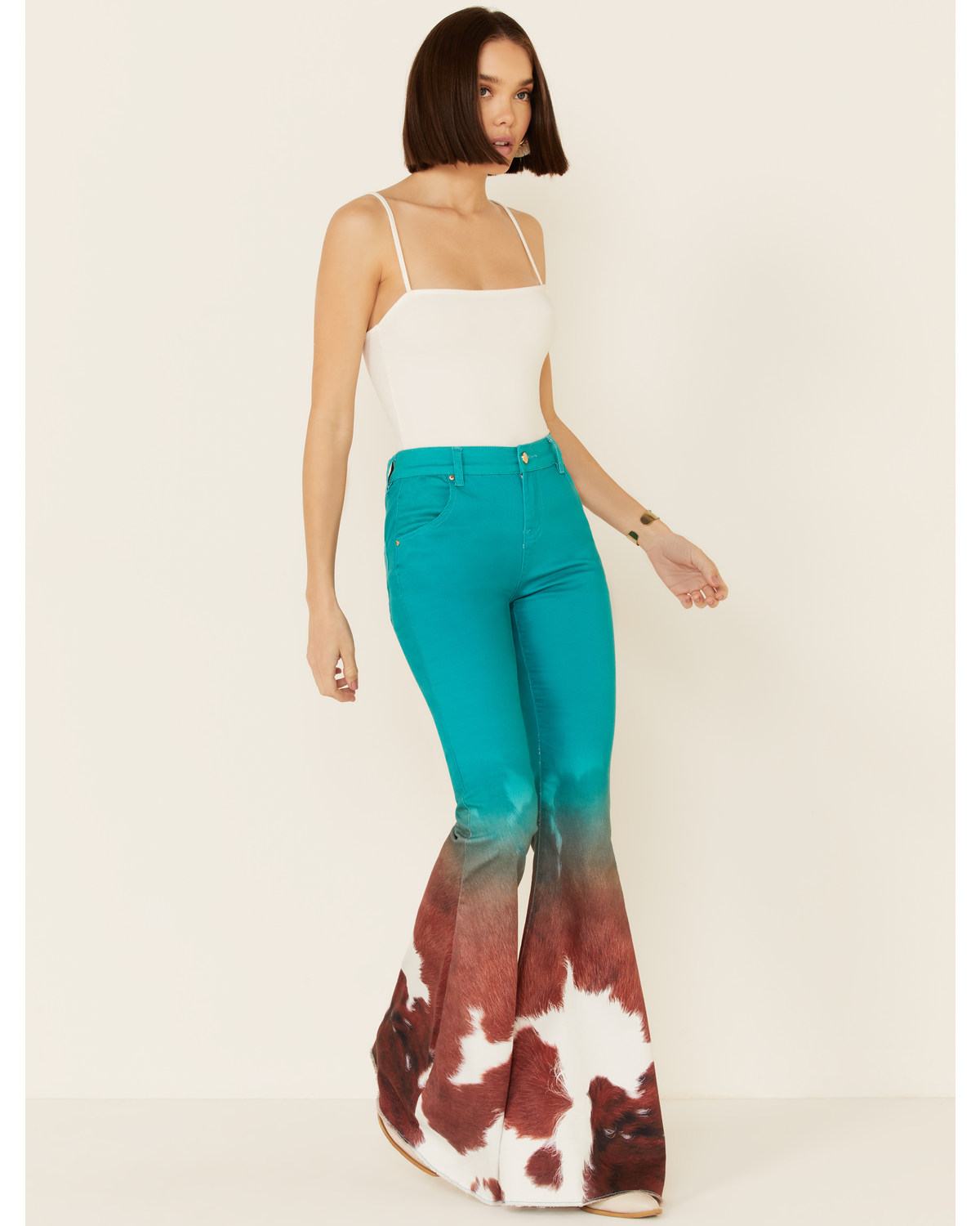 Ranch Dress'n Women's Jade Cowhide Print Super Flare Jeans
