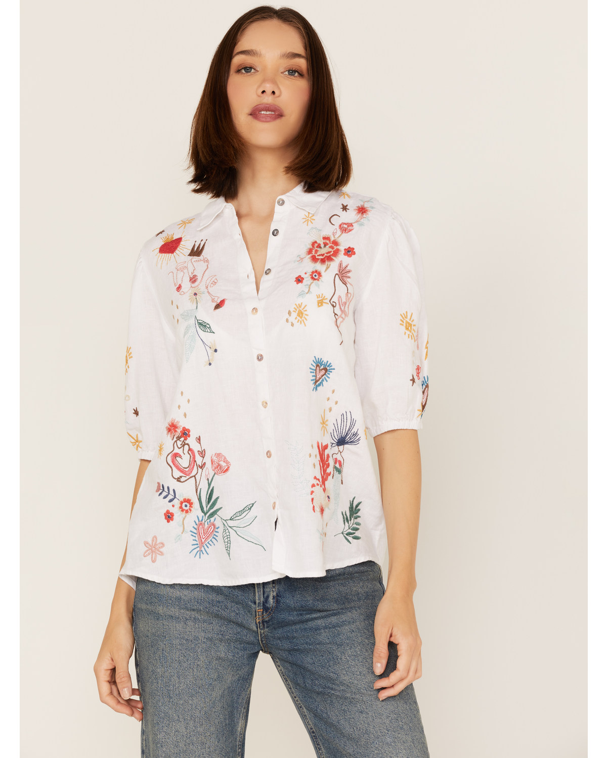 Johnny Was Women's Embroidered Lisbon Short Sleeve Button Down Blouse